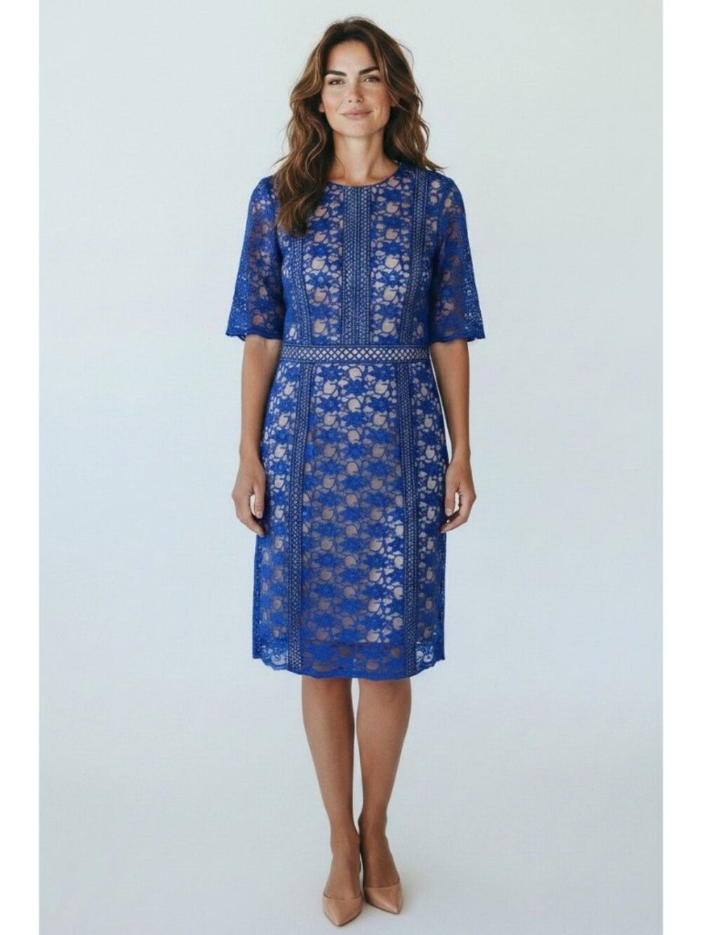 Antonio Melani Blue Lace Sheath Dress Nude Lining Scalloped Size 14 Wedding - Picture 9 of 9